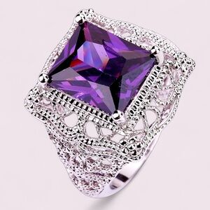 925 Sterling Silver Vintage Hollow Lace Amethyst CZ Cocktail Ring